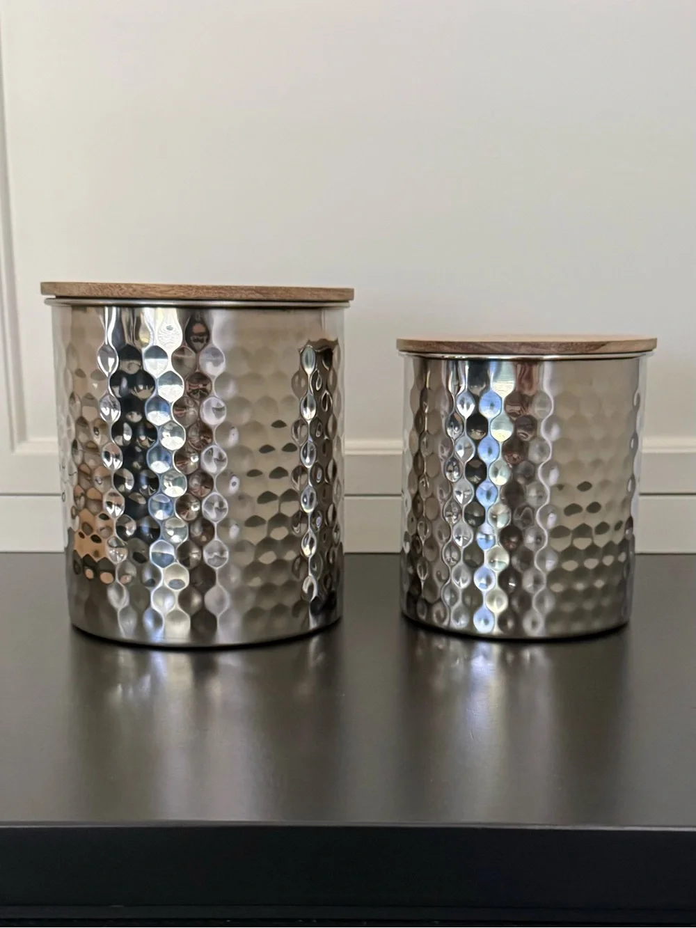 2 Piece Uncommon James Silver Hammered Canister Set w/Wood Lids 45oz & 25oz NEW